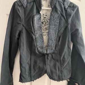 Black Distressed Military-Style Jean Jacket